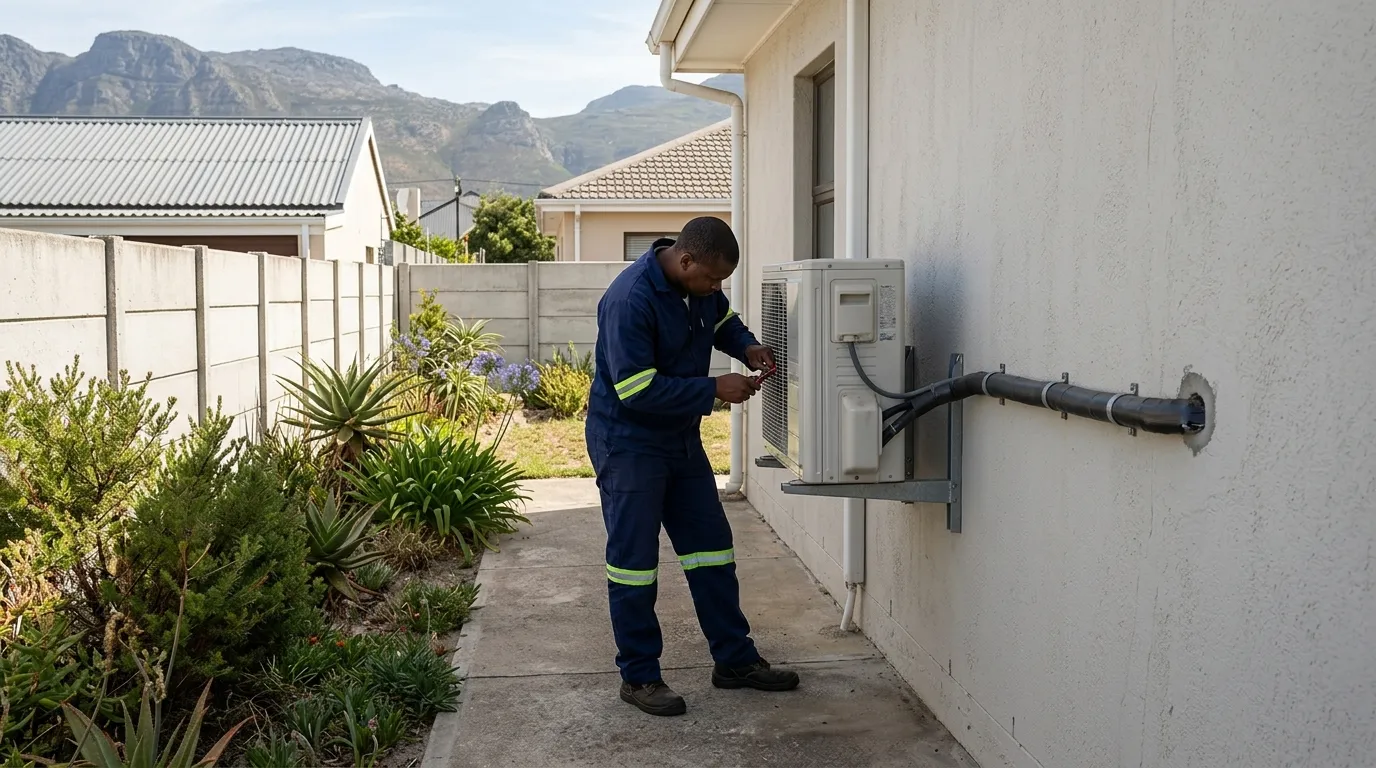 Technician beside an aircon outdoor unit on a wall bracket with a neat pipe run
