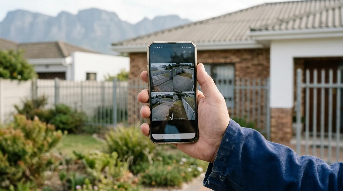 Hand holding a phone showing a live camera view of the driveway