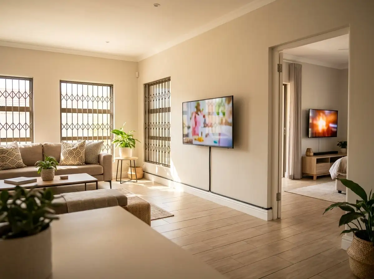 Open-plan lounge with a wall-mounted TV and a second TV visible in the bedroom beyond