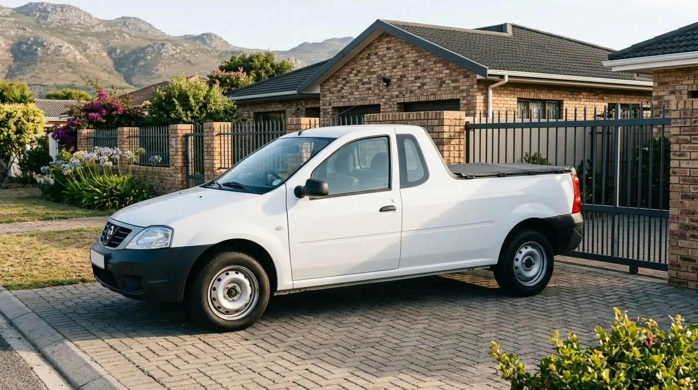 White bakkie parked in a paved driveway outside a brick house with mountains behind