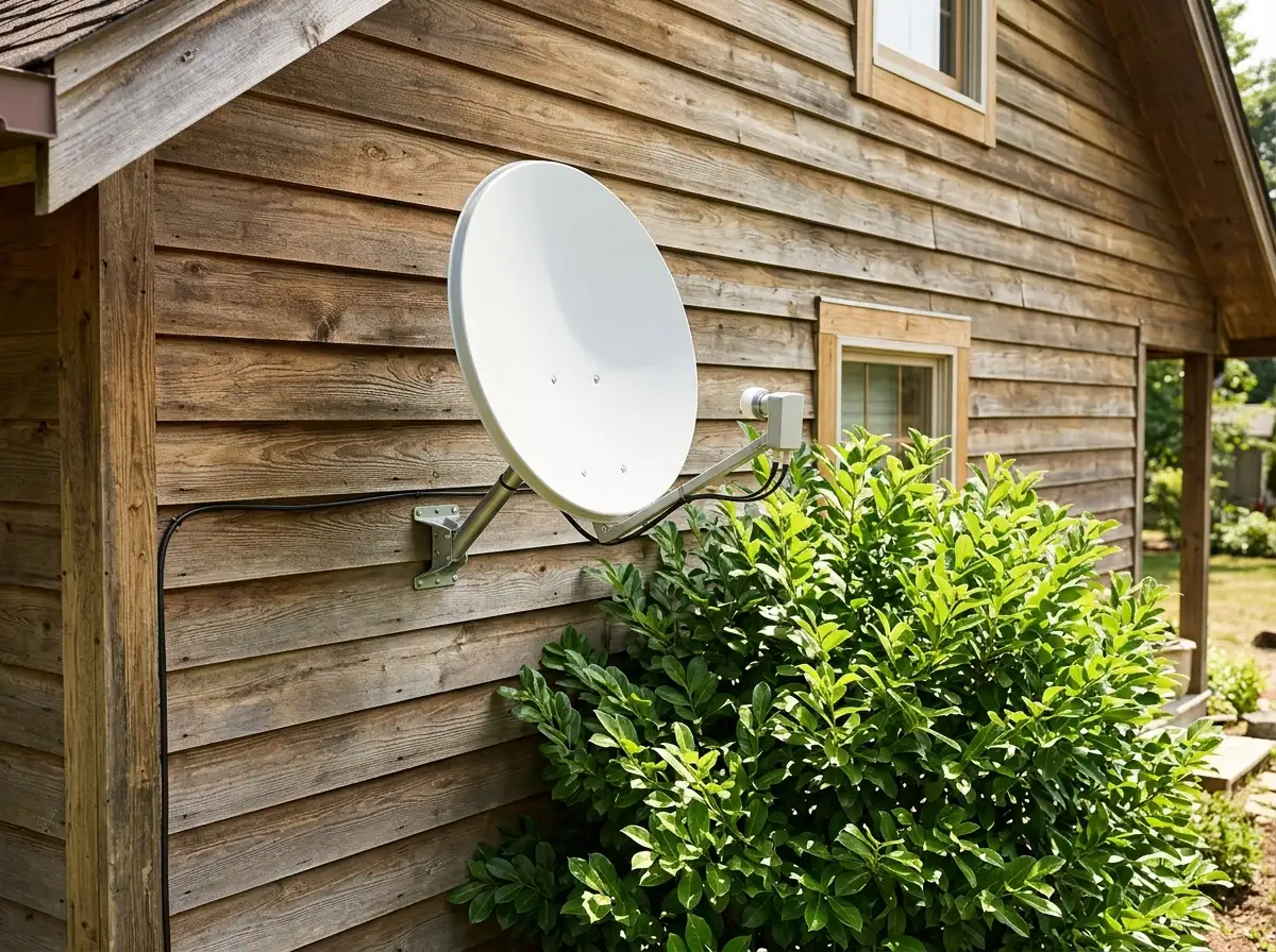 Satellite dish on a wall bracket on a timber-clad holiday house, with a shrub in front