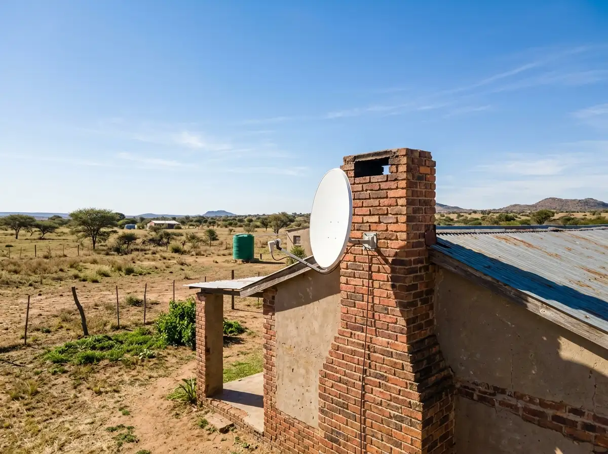 Satellite dish mounted on a brick chimney of a farmhouse-style home under a blue sky