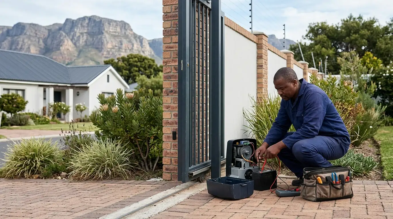 Technician testing a gate motor beside a steel gate with a tool case open