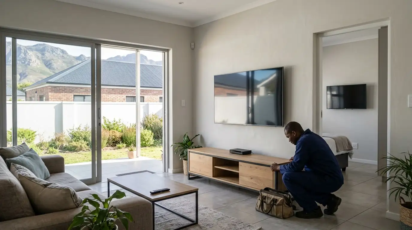 Technician setting up a wall-mounted TV and decoder in a lounge, second TV visible in the bedroom