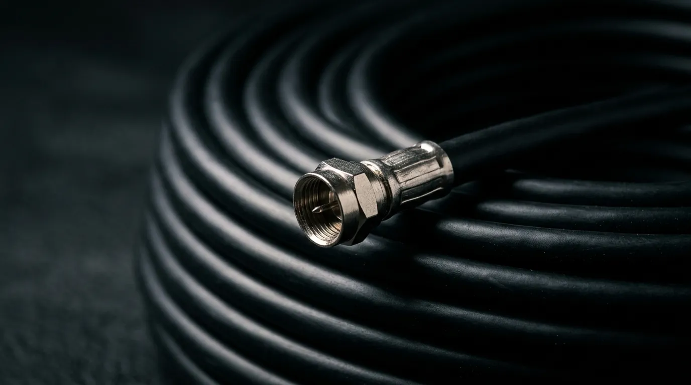 Close-up of RG6 coaxial cable with an F-connector