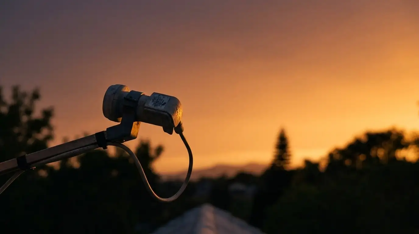 Close-up of the LNB on a satellite dish arm at dusk, with dark trees and an orange sky behind