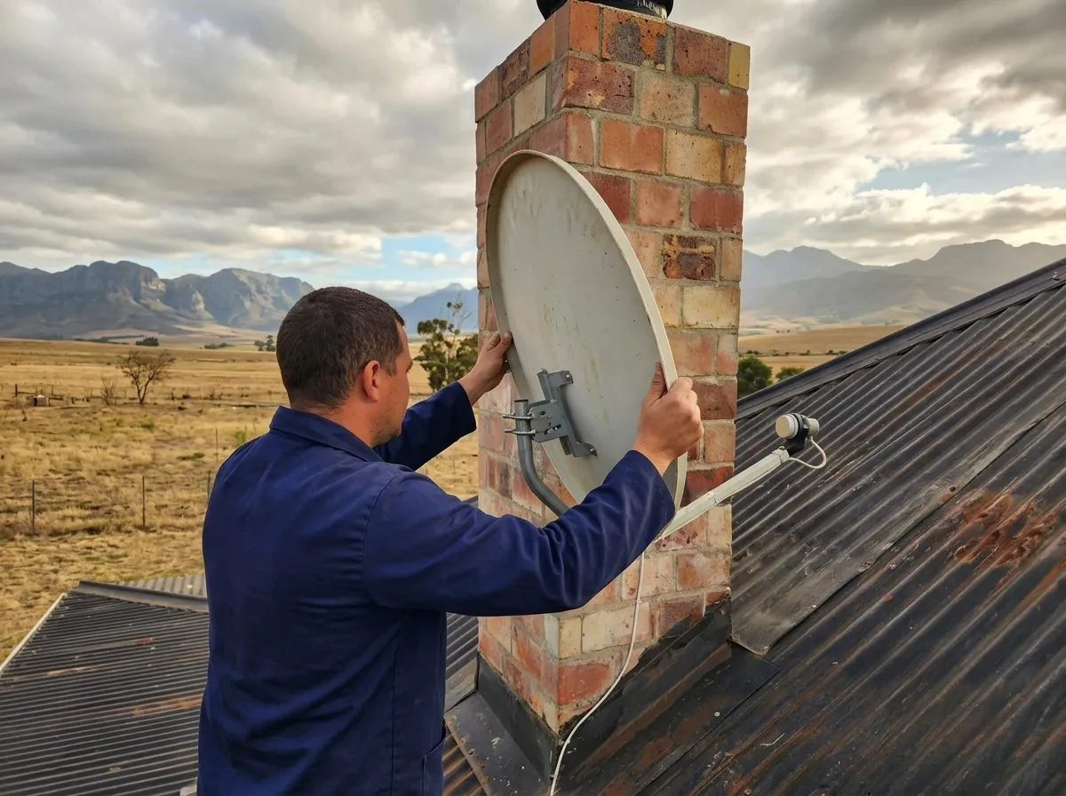 Technician adjusting a satellite dish on a brick chimney, with veld and mountains behind