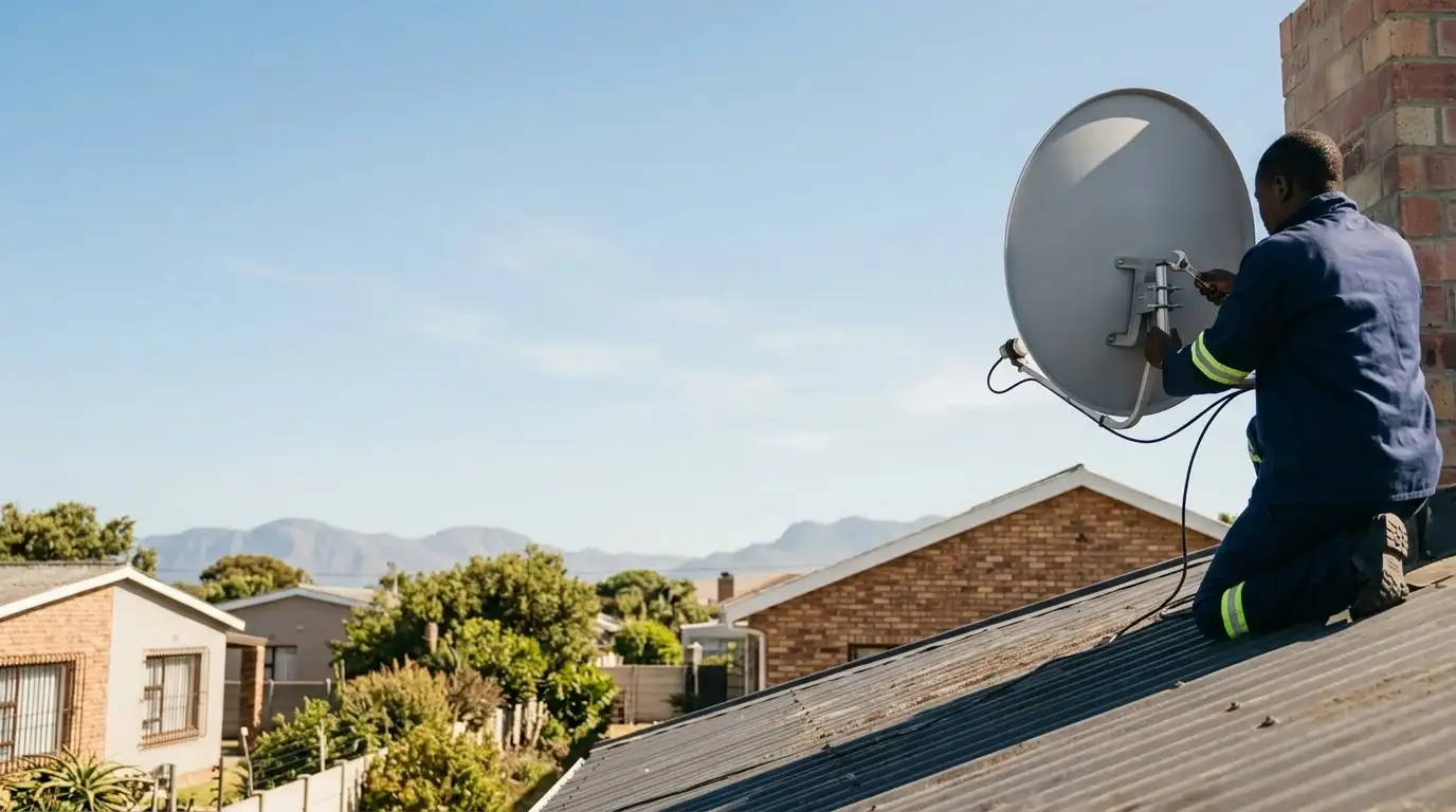 Technician in navy overalls aligning a satellite dish beside a brick chimney on a corrugated roof, with mountains behind