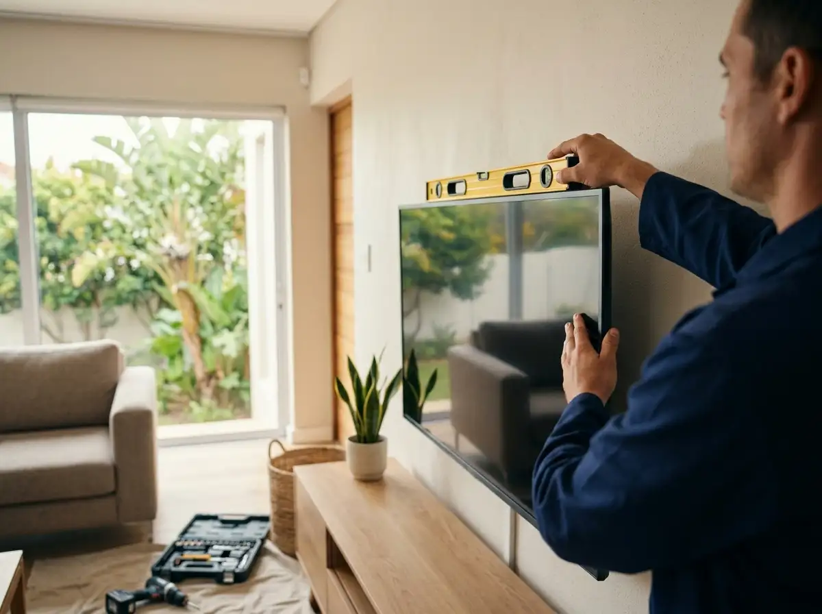 Technician levelling a flat-screen TV on a lounge wall with a spirit level