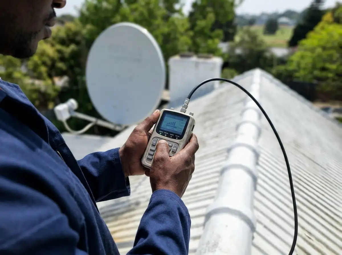 Technician on a roof holding a satellite signal meter connected to the dish by coaxial cable