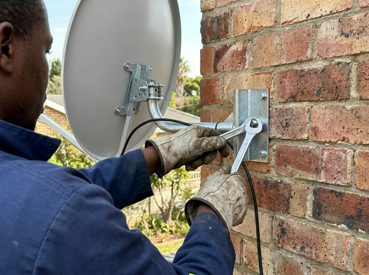 Technician in gloves tightening the bolts on a satellite dish wall bracket fixed to brickwork