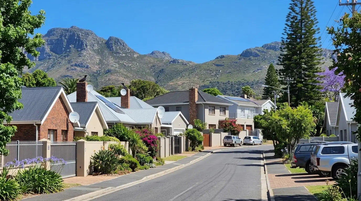 Suburban street with brick houses, trees and mountains behind