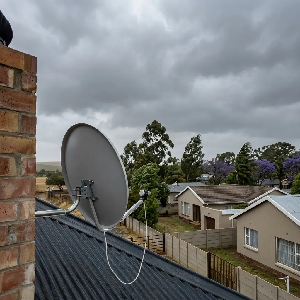 A satellite dish on a roof bracket beside a brick chimney under heavy storm clouds, with trees bending in the wind in the background